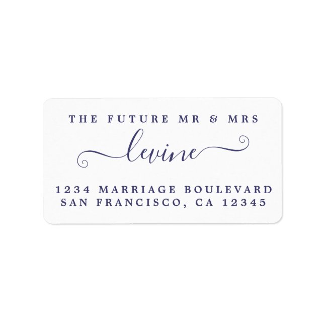 Étiquette Navy Blue Script Future M. Mme Retour Adresse (Devant)