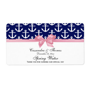 Étiquette Navy Blue White Anchors Pink Bow Party Water Label
