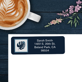 Étiquette Navy Blue & White Monstera Leaf Adresse de retour