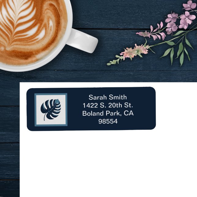 Étiquette Navy Blue & White Monstera Leaf Adresse de retour (Créateur téléchargé)