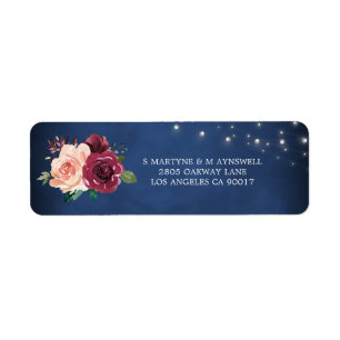 Étiquette Navy Blush Bourgogne Rose Lumières Adresse du Mari