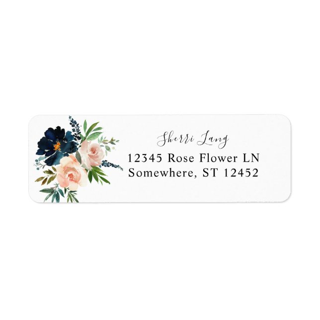 Étiquette Navy & Dusty Blue Pink Floral 2 Adresse de retour (Devant)