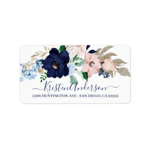 Étiquette Navy Watercolor Floral Return Address Label