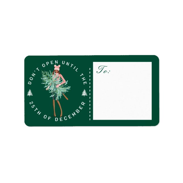 Étiquette Ne pas ouvrir avant Noël Fille tenant un arbre (Devant)