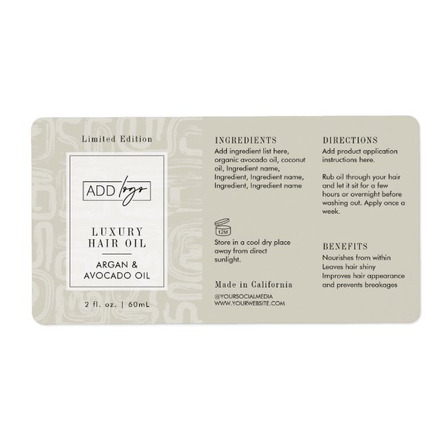 Étiquette Neutral Beige Boho Pattern Logo 2OZ Dropper Bottle (Devant)