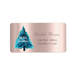 Étiquette Noël, Arbre de Noël Bleu, Or Rose