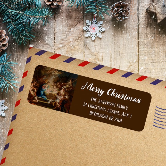 Étiquette Noël Chrétien Religieux Baroque Nativité (Baroque Religious Christian Catholic Script Merry Christmas Nativity Scene Return Address Labels)