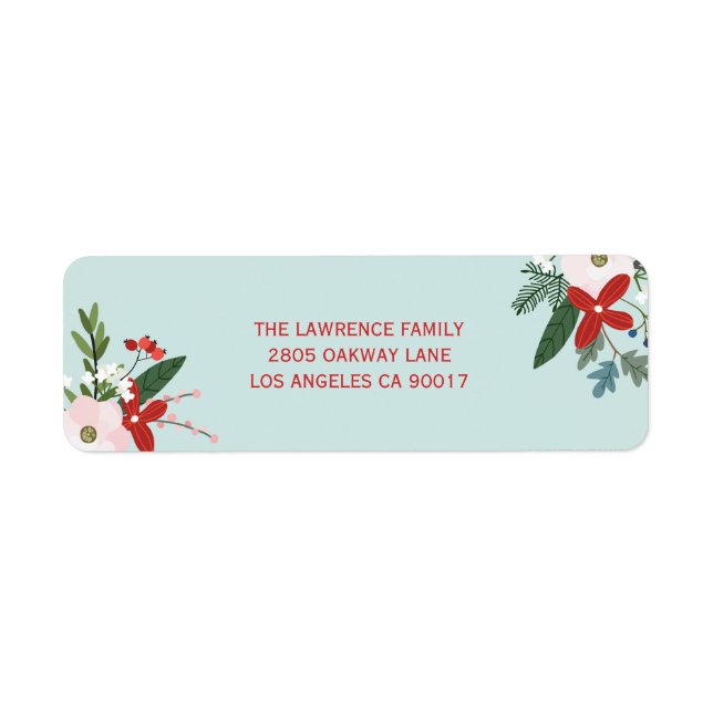 Étiquette Noël Floral Rouge Aqua Adresse de vacances (Devant)