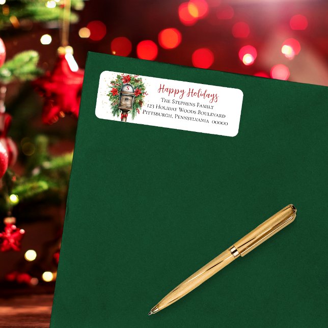 Étiquette Noël Joyeux vacances Boîte aux lettres Floral Mono (Elegant Christmas "Happy Holidays" Mailbox Poinsettia Floral Return Address Label)