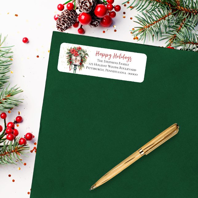 Étiquette Noël Joyeux vacances Boîte aux lettres Floral Mono (Elegant Christmas Holiday Mailbox Poinsettia Floral Return Address Label)