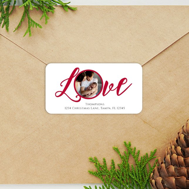 Étiquette Noël Moderne Photo Calligraphie Simple Cute (Christmas photo typography "Love" wording return address label.)