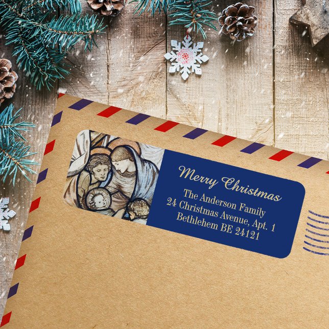 Étiquette Noël Nativité chrétienne Bleue moderne (Christmas Nativity Scene Religious Christian Catholic Elegant Blue Modern Return Address Label)