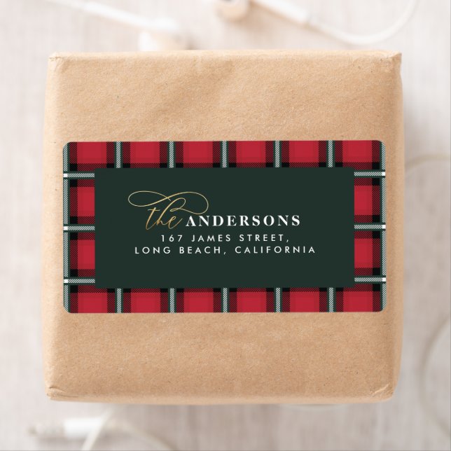 Étiquette Noël traditionnel rouge tartan personnalisé (En situation)
