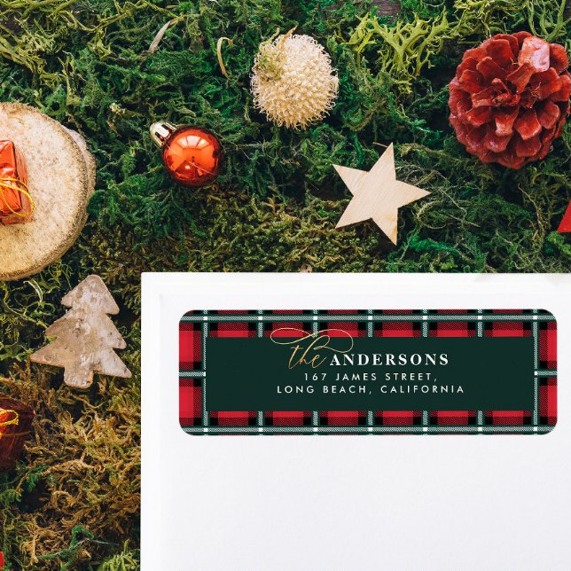 Étiquette Noël traditionnel rouge tartan personnalisé (Créateur téléchargé)