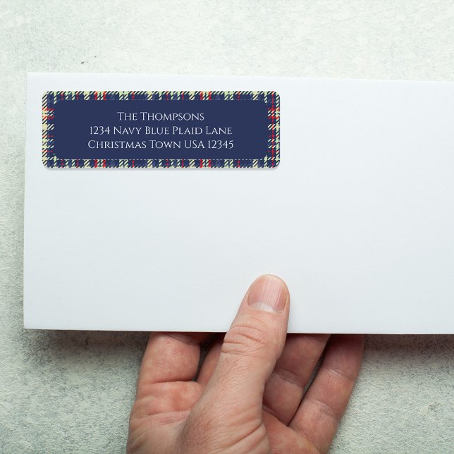 Étiquette Noël Vacances Simple Marine Bleu Rouge Plat (Simple Navy blue, red, and green plaid pattern return address label. )