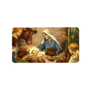 Étiquette Noël Vintage, Nativité Religieuse avec Bébé Jésus