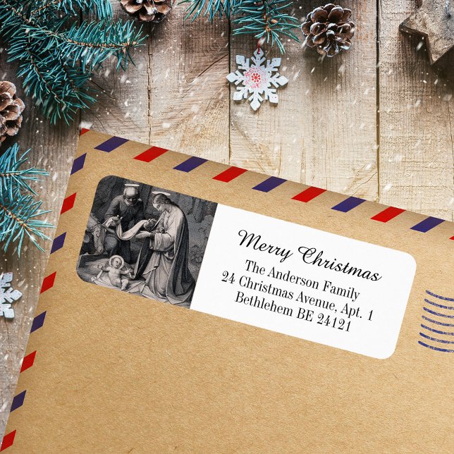 Étiquette Noir Blanc Nativité chrétienne (Black and White Vintage Nativity Scene Religious  Christian Catholic Christmas Return Address Label)