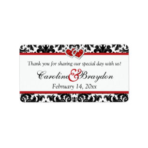 Étiquette Noir Blanc Rouge Damas, Coeurs Mariage Faveur Étiq