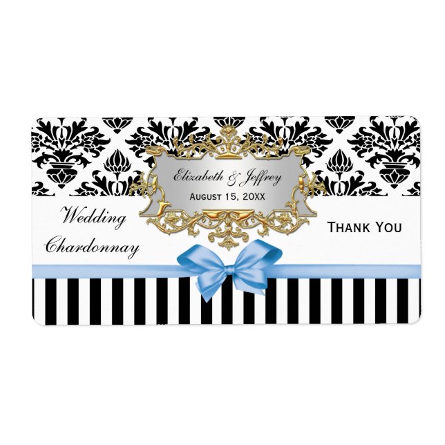 Étiquette Noir Blanc Strique Damask Lt Blue Party Vin Étique (Devant)