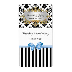 Étiquette Noir Blanc Strique Damask Lt Blue Party Vin Étique