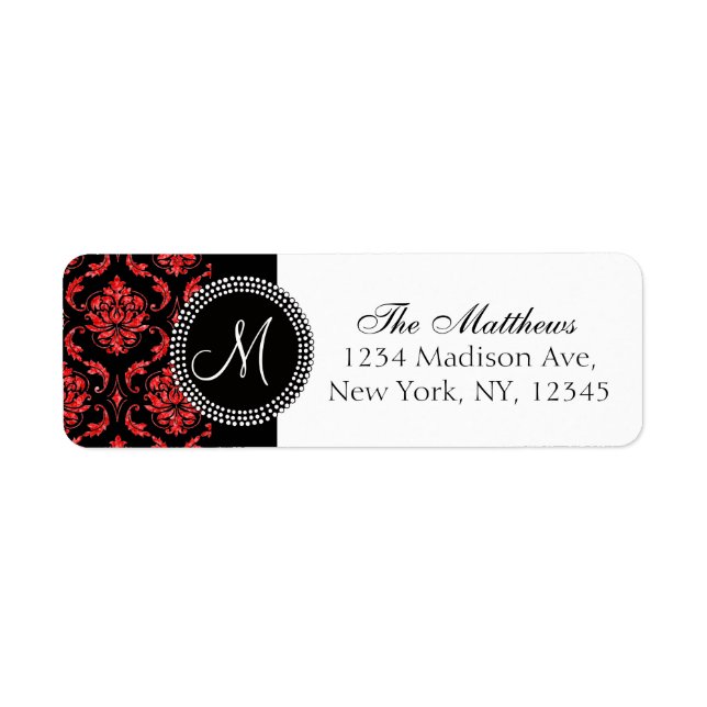 Étiquette Noir Damask Rouge Parties scintillant imprimée Mon (Devant)