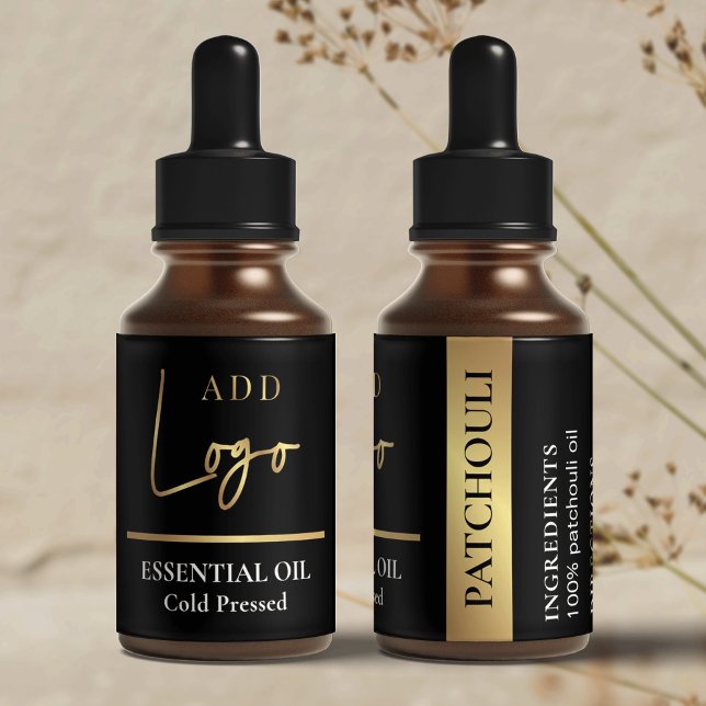 Étiquette Noir & Or Logo Cosmetic Essential Oil Bottle (Black and gold essential oil dropper bottle labels that are sure to impress)