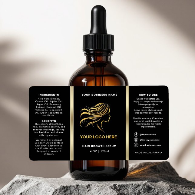 Étiquette Noir & Or Logo Huile de cheveux Bouteille de dropp (Créateur téléchargé)