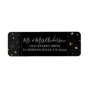 Étiquette Noir & Or Moderne Céleste Lune Étoiles Mariage