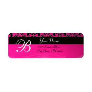 ÉTIQUETTE NOIR PINK FUCHSIA DAMASK MONOGRAMME
