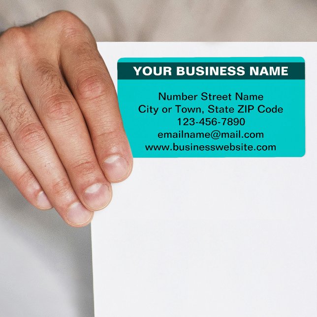 Étiquette Nom commercial en surbrillance sur l'expédition ve (Teal green shipping label with your highlighted business name)