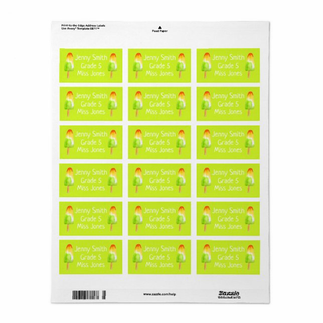 Étiquette Nom de la chaux de pin rose popsicles livre scolai (Feuille entière)