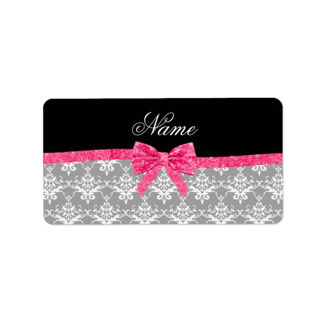 Étiquette Nom personnalisé gris damask parties scintillant r (Devant)