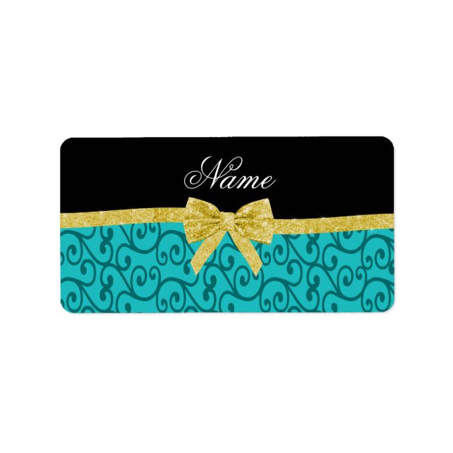 Étiquette Nom personnalisé turquoise tourbillons or arc (Devant)