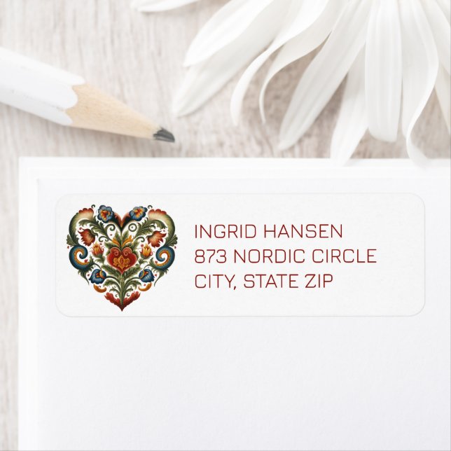 Étiquette Norvégien Rosemaling Folk Art Heart (En situation)