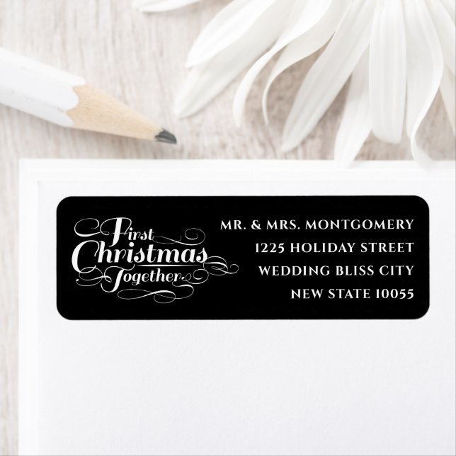 Étiquette Notre Premier Noël Ensemble Adresse Script Blanc (En situation)