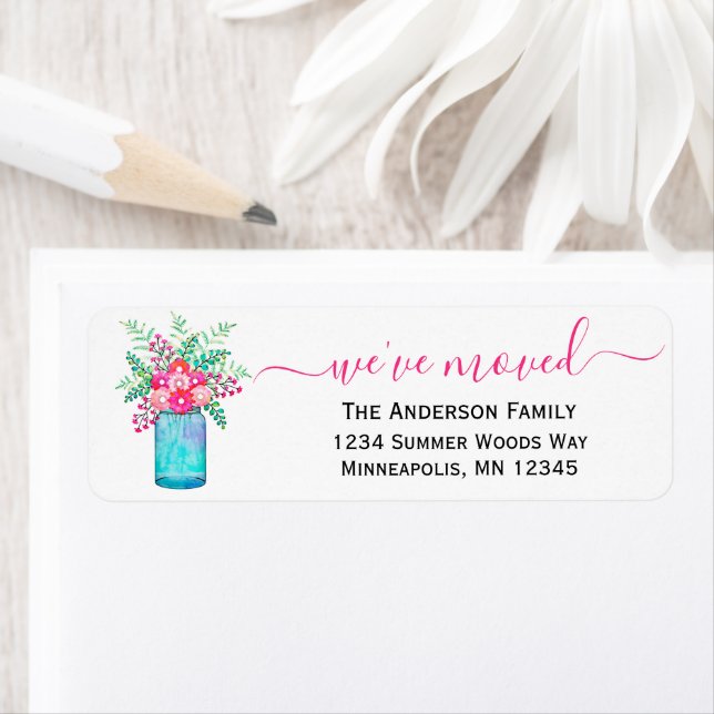 Étiquette Nous avons déménagé | Mason Jar Floral Adresse de  (En situation)