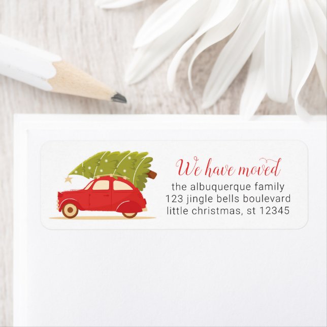 Étiquette Nous avons déplacé Christmas Car Tree Changer d'ad (En situation)