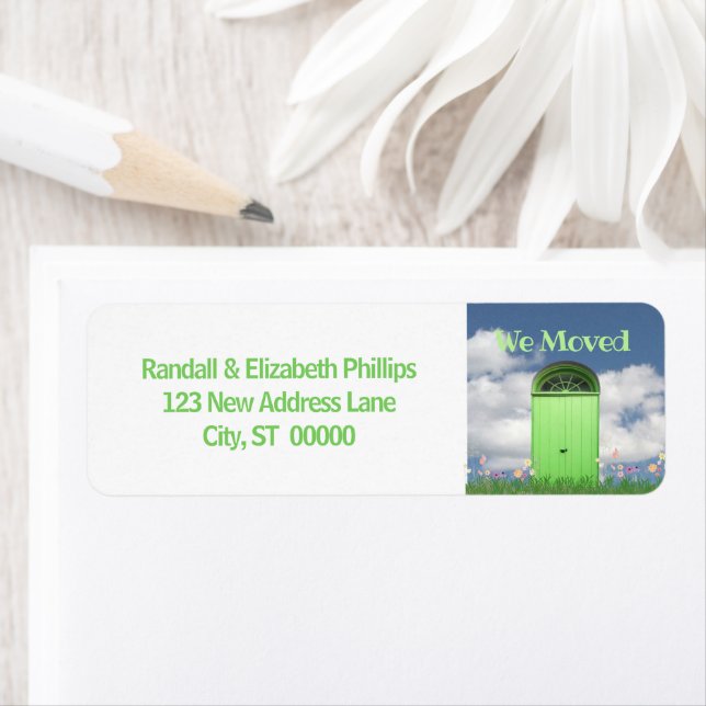 Étiquette Nous Avons Déplacé Les Fleurs De Faire-part Vert P (En situation)