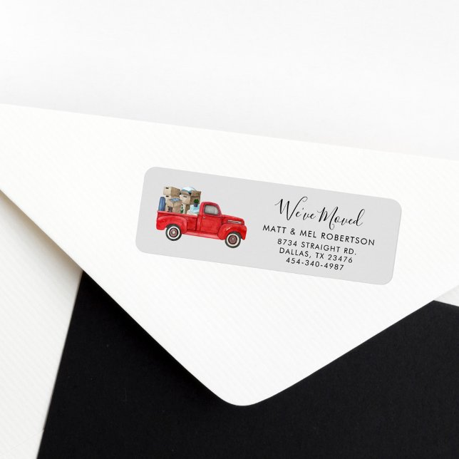 Étiquette Nous avons déplacé une nouvelle adresse Déplacer l (We Have Moved Watercolor Red Truck Return Address Label)