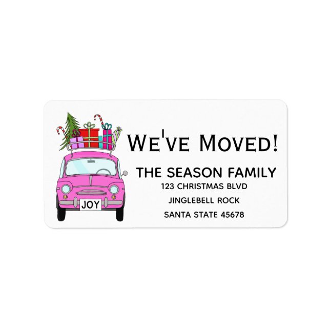 Étiquette Nouvelle adresse Voiture rose avec cadeaux de Noël (Devant)