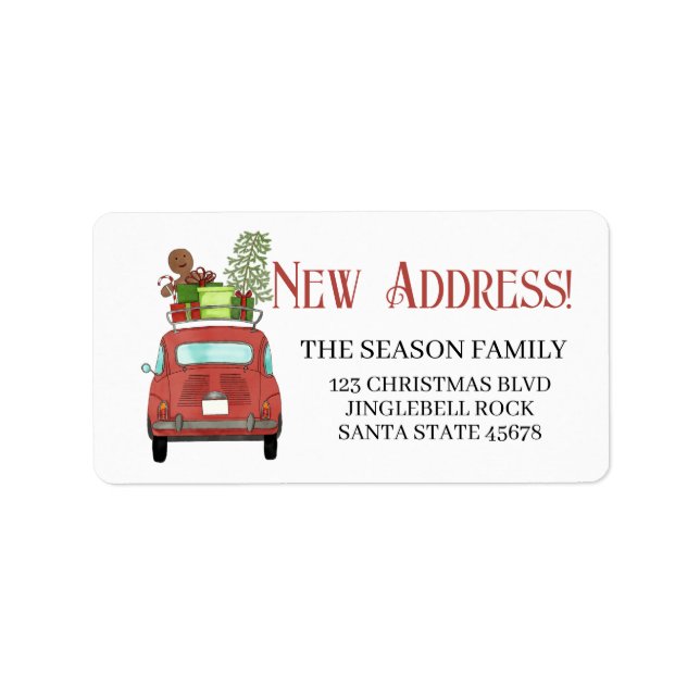 Étiquette Nouvelle Adresse Voiture rouge avec cadeaux de Noë (Devant)