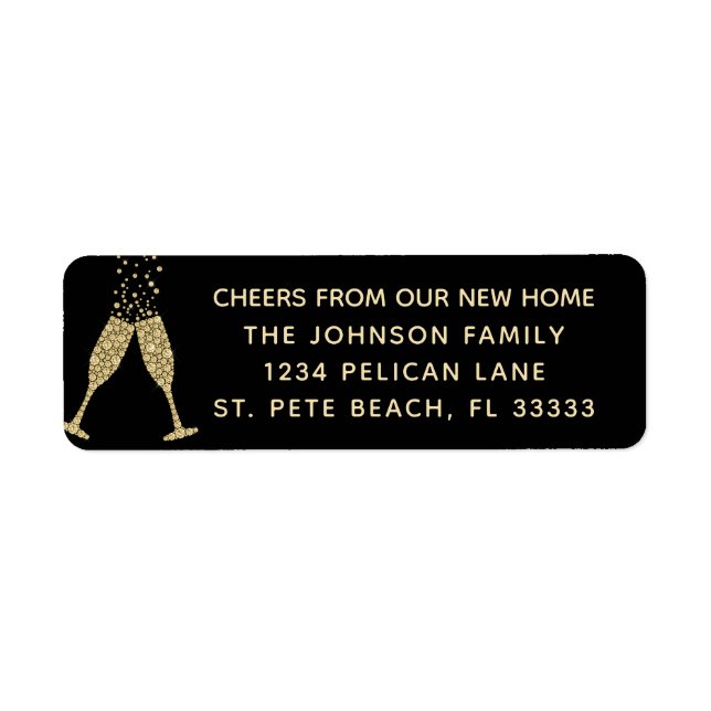 Étiquette Nouvelle maison Champagne Toast Gold Black Adresse (Devant)