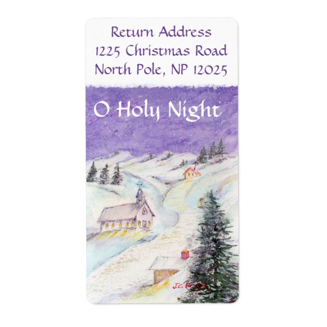 Étiquette Nuit étoilée dans l'aquarelle de Noël de neige (Devant)