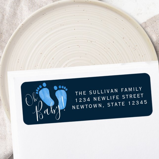 Étiquette Oh Baby Blue Baby shower Adresse de retour (Créateur téléchargé)