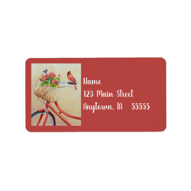 Étiquette Oiseau cardinal perché sur l'aquarelle à vélo (Devant)
