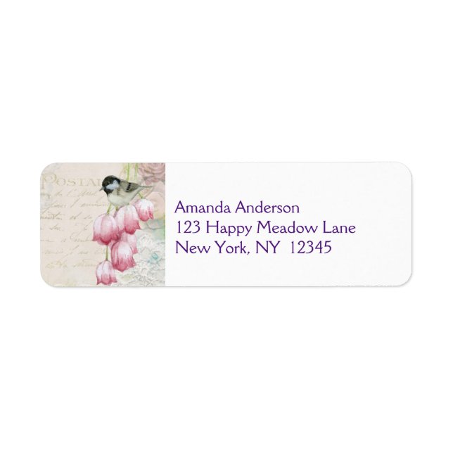 Étiquette Oiseau et fleurs avec écriture manuscrite Shabby V (Devant)