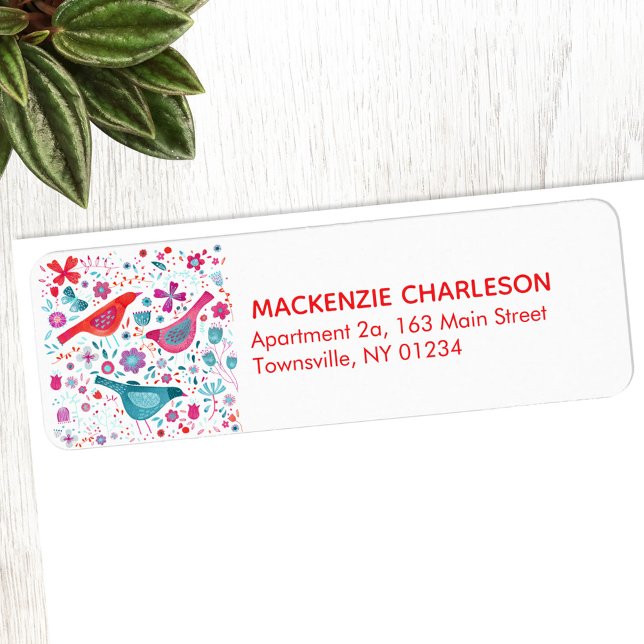 Étiquette Oiseaux et fleurs Aquarelle Adresse de retour pers (Watercolor bird and flower personalized return address label)