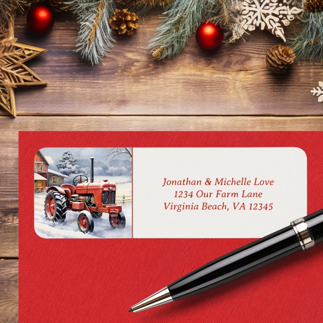 Étiquette Old Red Tractor Snowy Winter Farm Adresse (Old Red Tractor Snowy Winter Farm Address Label)