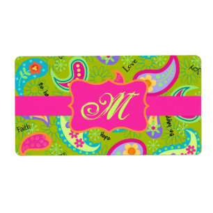 Étiquette Olive Green Fuchsia rose moderne Paisson Monogramm