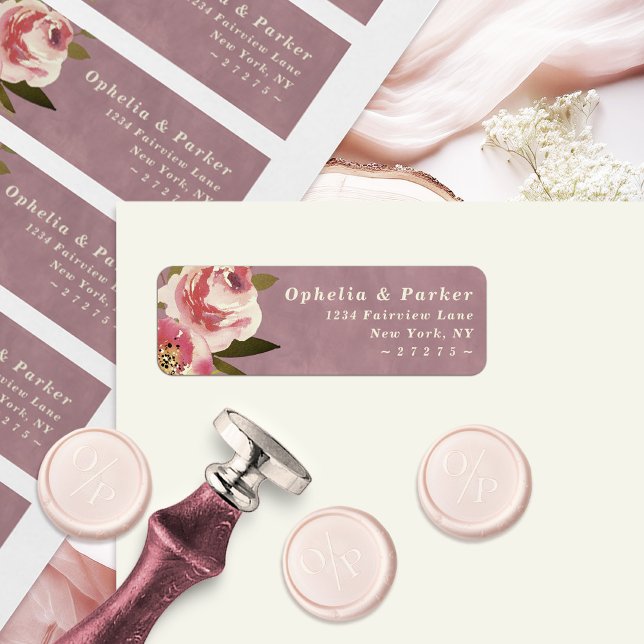 Étiquette Ophelia Floral Dusty Mariage rose Adresse de retou (Say "I DO" to Romantic Watercolor Florals and a Cottagecore Vibe with the Ophelia Wedding Suite.)